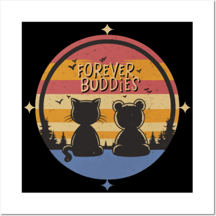 Vintage Cute Kitty And Teddy Forever Buddies in Sunset Posters and Art